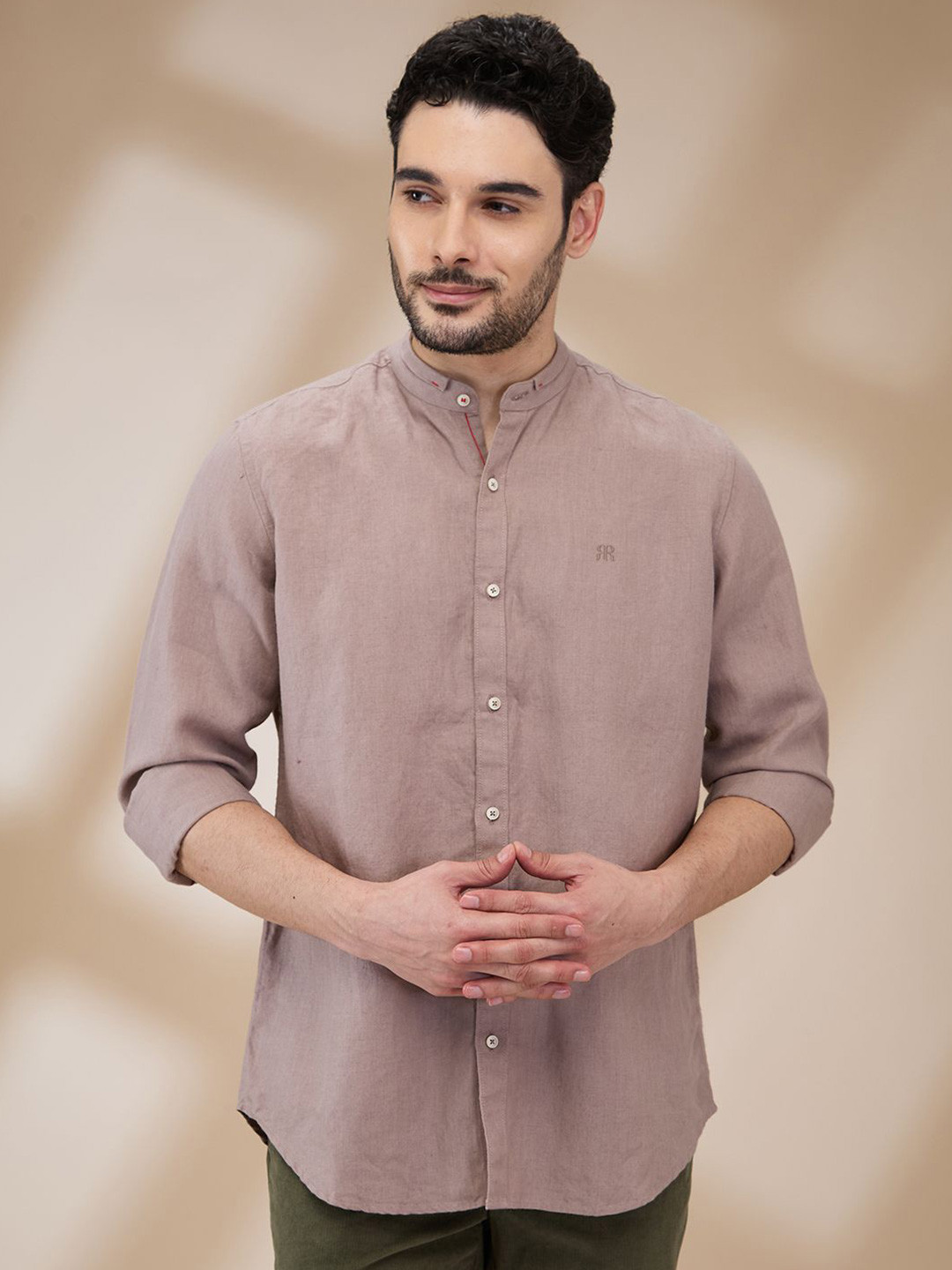 

Raymond Men Mandarin Collar Solid Linen Casual Shirt, Brown