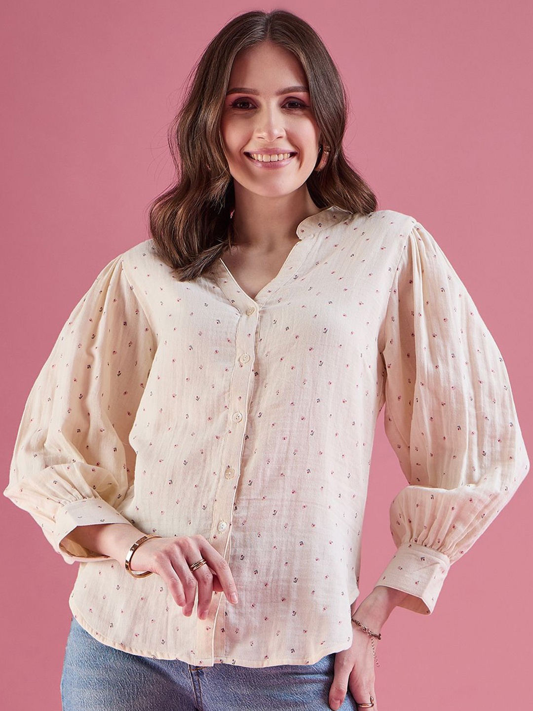 

DressBerry Women Classic Mandarin Collar Conversational Printed Cotton Casual Shirt, Cream