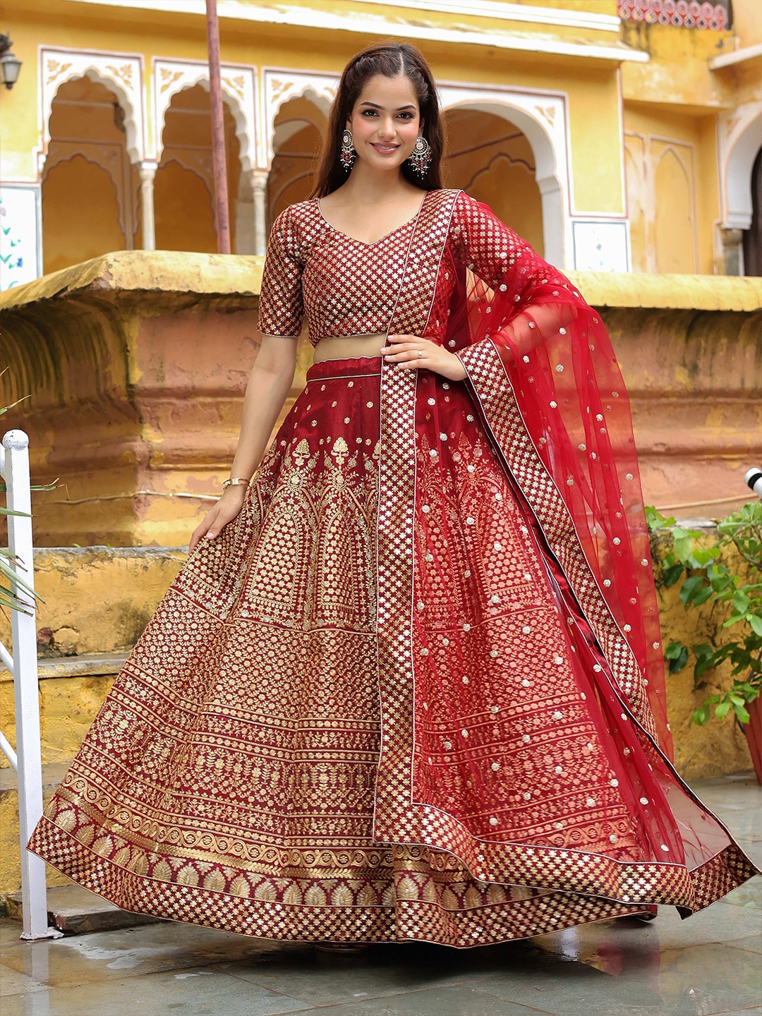 

FABPIXEL Embroidered Sequinned Semi-Stitched Lehenga & Unstitched Blouse With Dupatta, Maroon