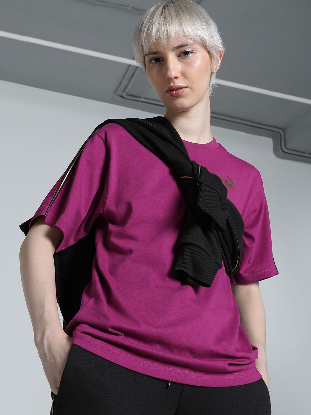 

Puma Women Solid Cotton Relaxed Fit T-shirt, Magenta