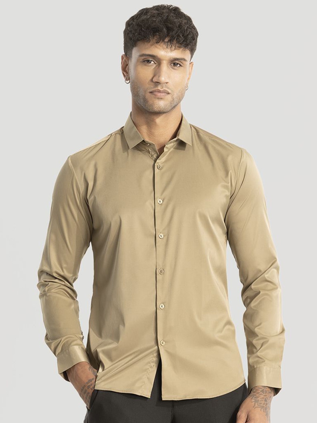 

Snitch Men Smart Spread Collar Solid Slim Fit Casual Shirt, Khaki