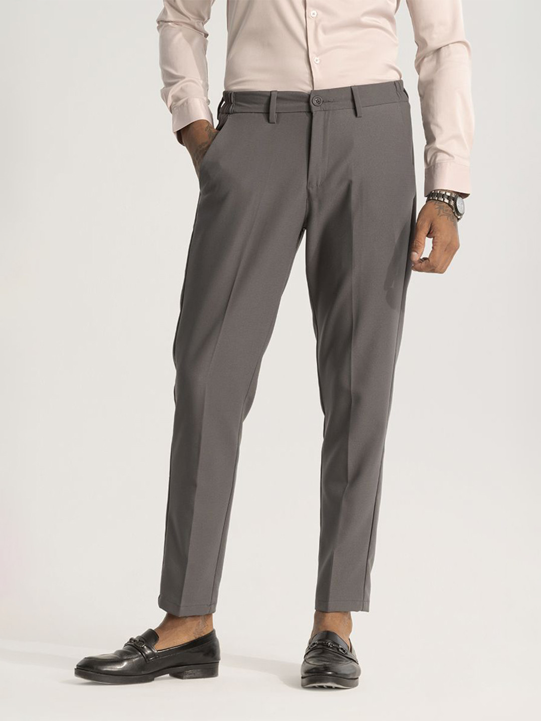 

Snitch Men Smart Slim Fit Trousers, Grey