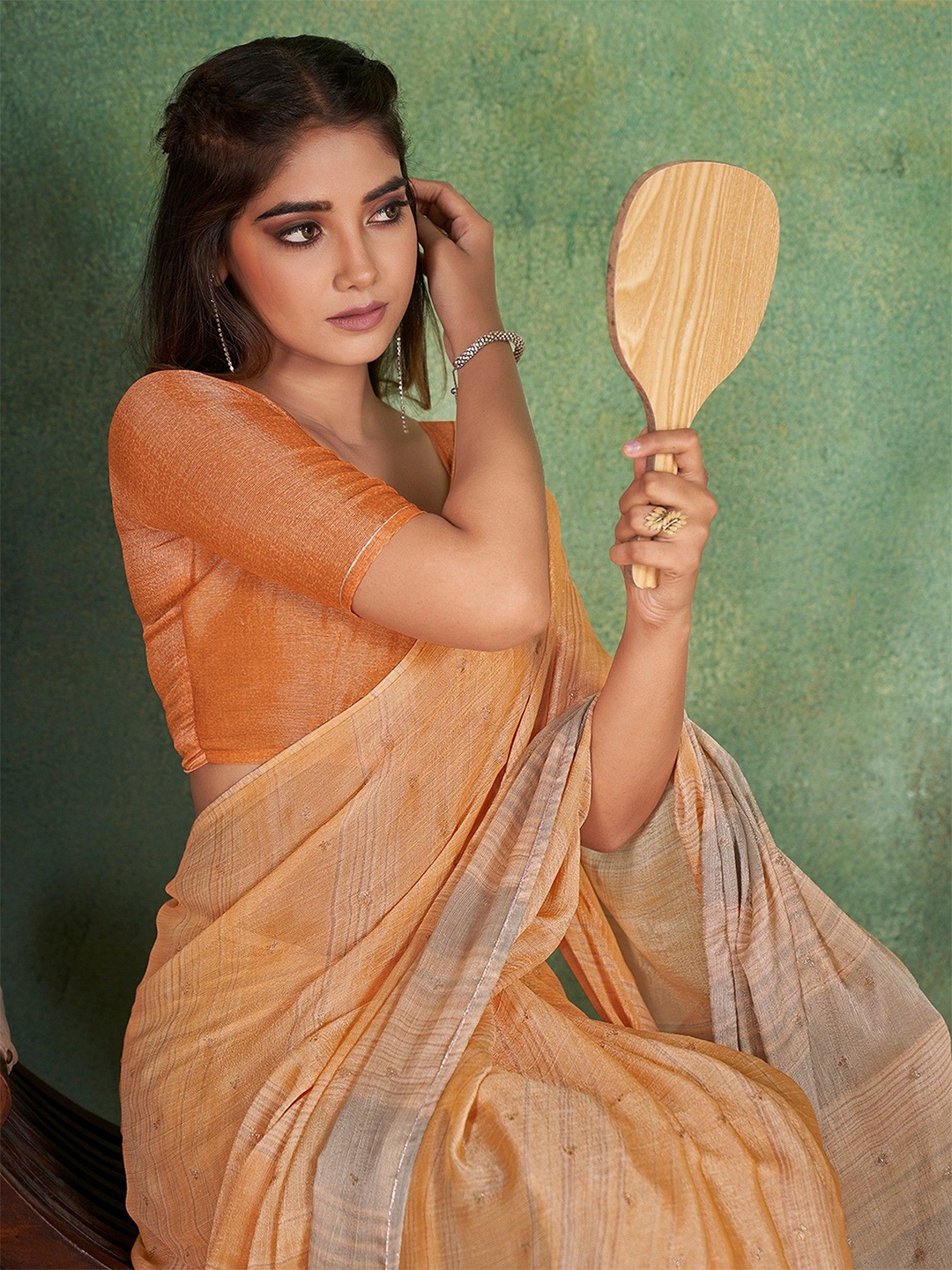 

all about you Striped Printed Saree, Orange