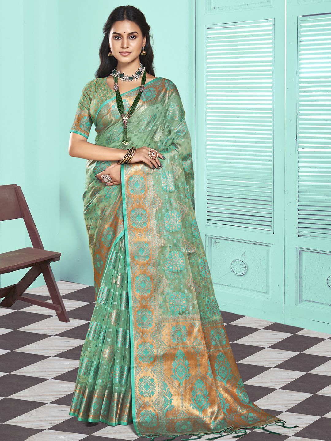 

SANGAM PRINTS Woven Design Zari Organza Tussar Saree, Turquoise blue