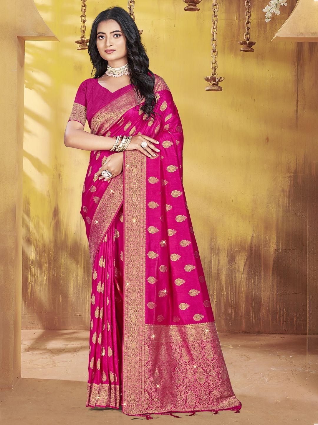 

SANGAM PRINTS Woven Design Zari Silk Blend Tussar Saree, Pink