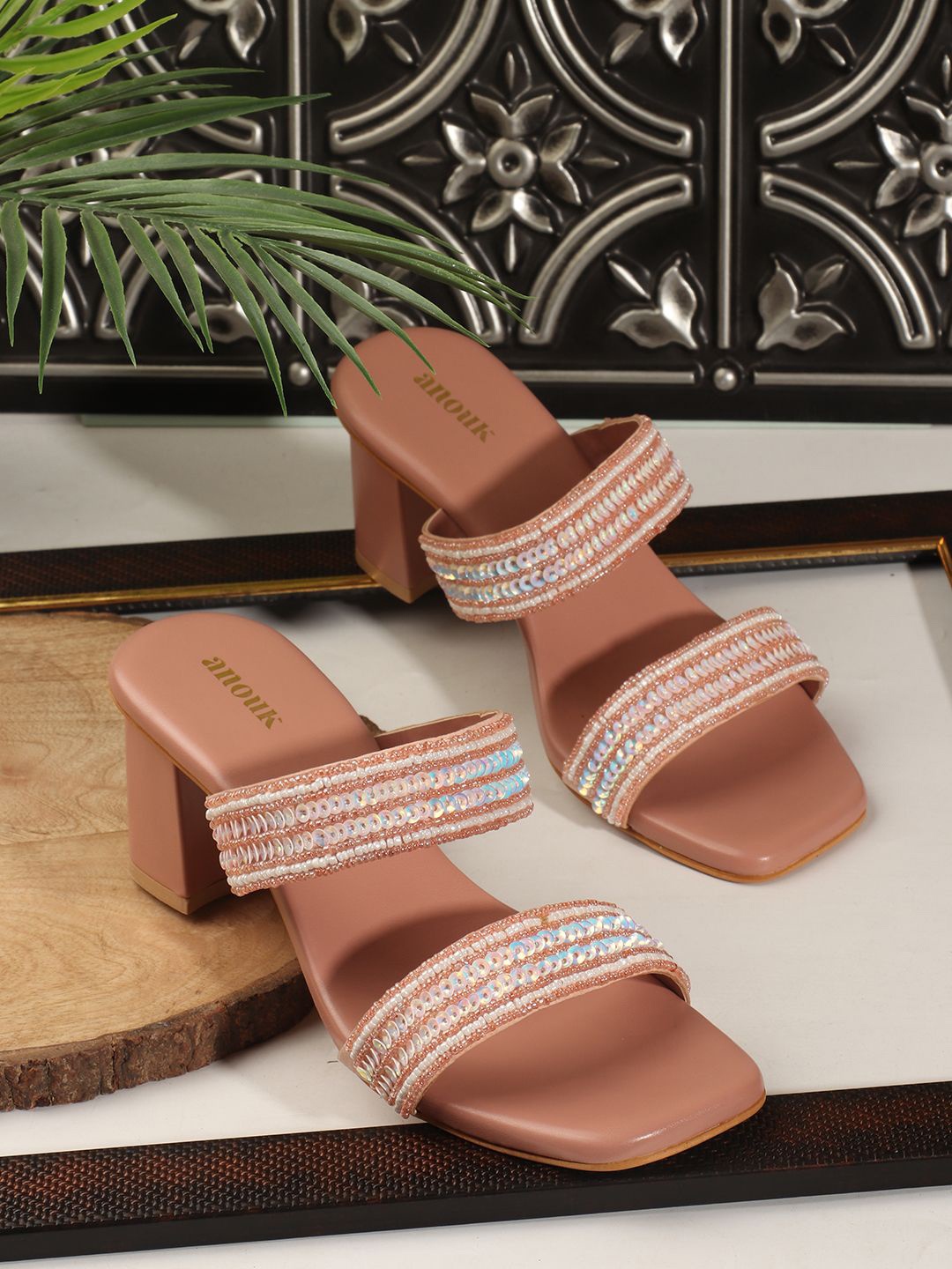 

Anouk Women Embellished Ethnic Block Sandals, Peach