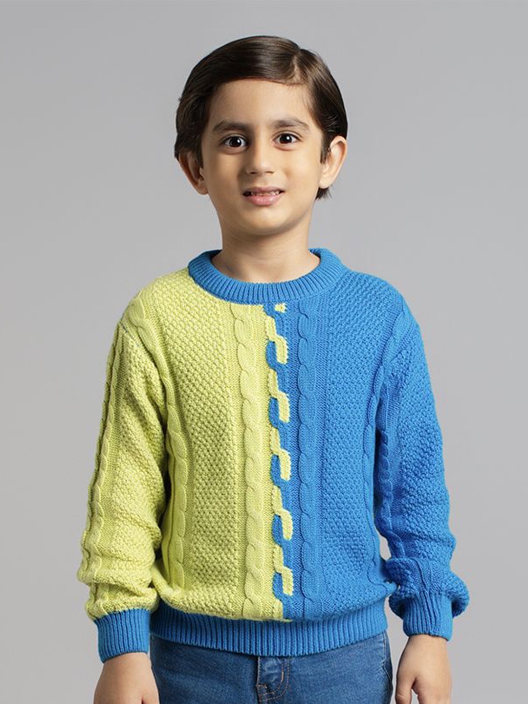 

Ed-a-Mamma Boys Colourblocked Self Design Pullover Sweatert, Blue