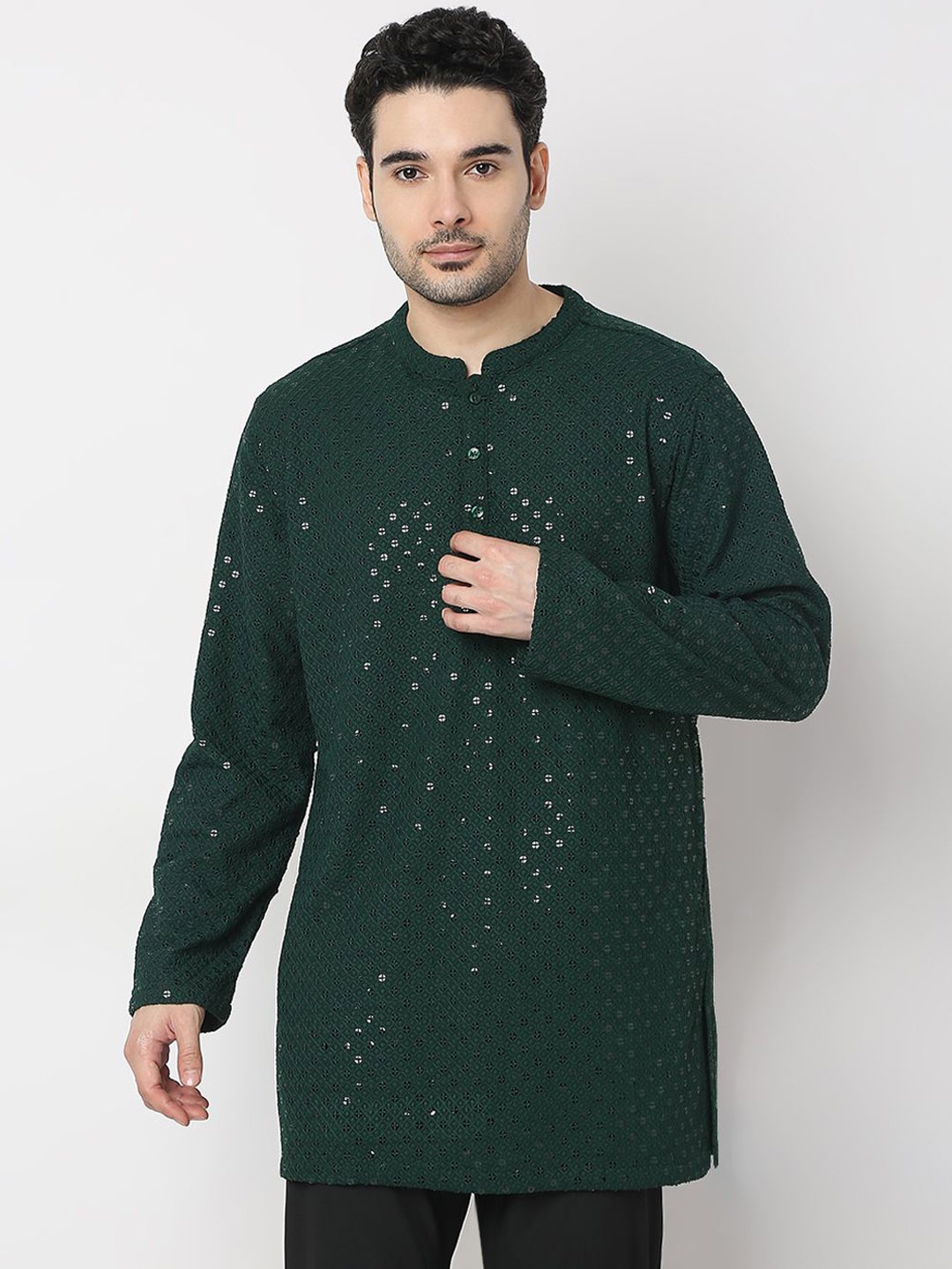 

Ethnicity Men Geometric Thread Work Pathani Kurta, Green