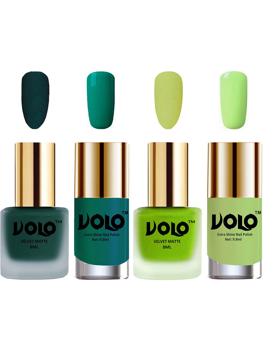 

VOLO Set Of 4 Velvet Matte Nail Polish - 8 ml & 9.9 ml Each -DarkGreen-Radium-Parrot-Green