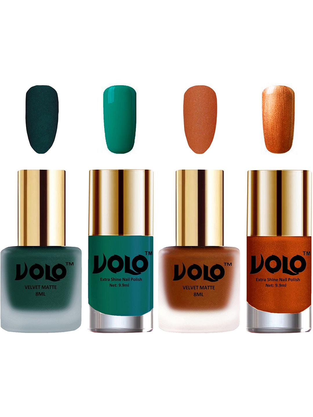 

VOLO Set Of 4 Velvet Matte & Extra Shine Nail Polish-8 ml & 9.9 ml Each Shade 12-35-26-60, Green