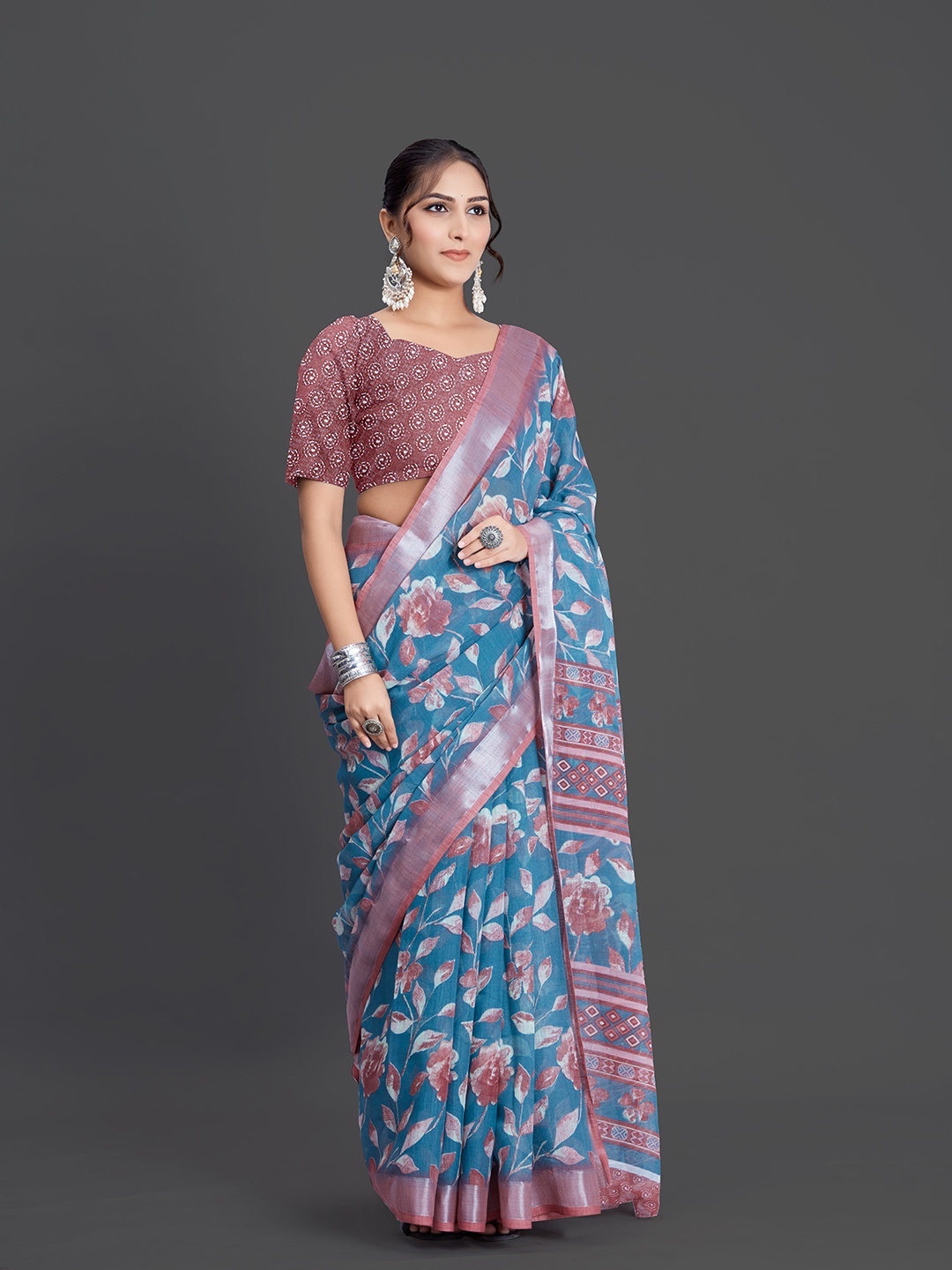 

NIRMAL CREATION Floral Printed Zari Saree, Blue