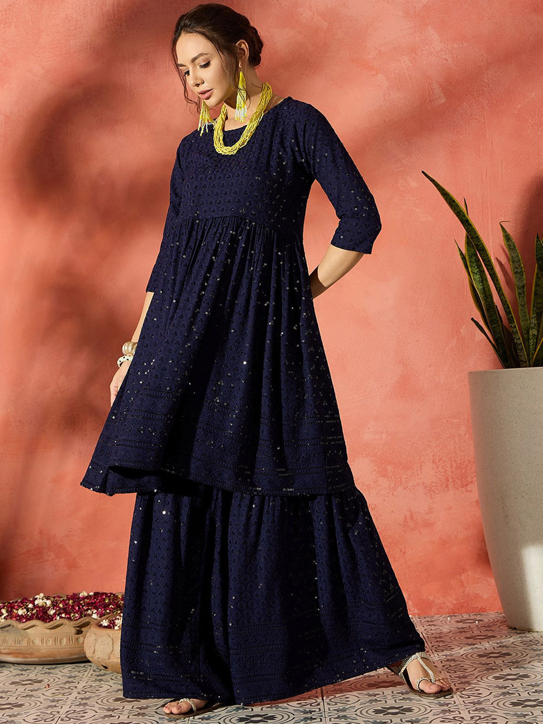 

InWeave Women Ethnic Motifs Embroidered Kurta With Sharara, Navy blue