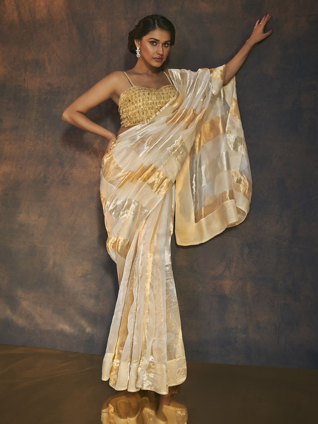 

SALWAR STUDIO Embellished Zari Tussar Saree, Gold