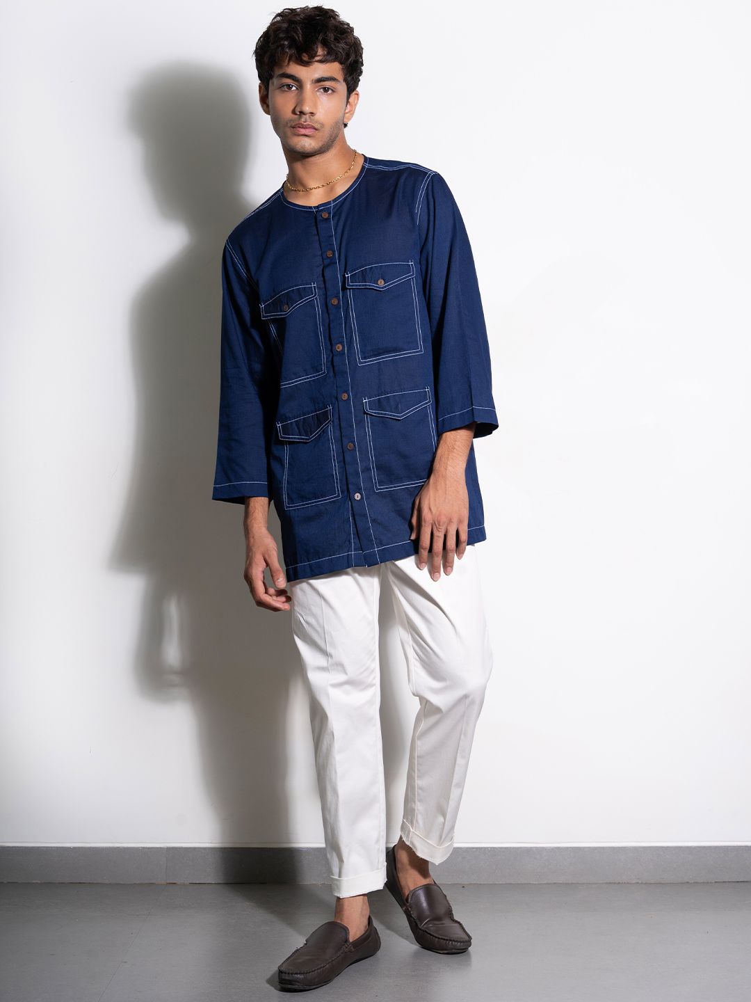 

Ostilos Men Collarless Solid Cotton Casual Shirt, Blue
