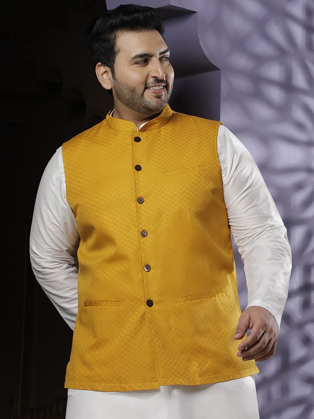 

Sztori Woven Design Nehru Jacket, Yellow