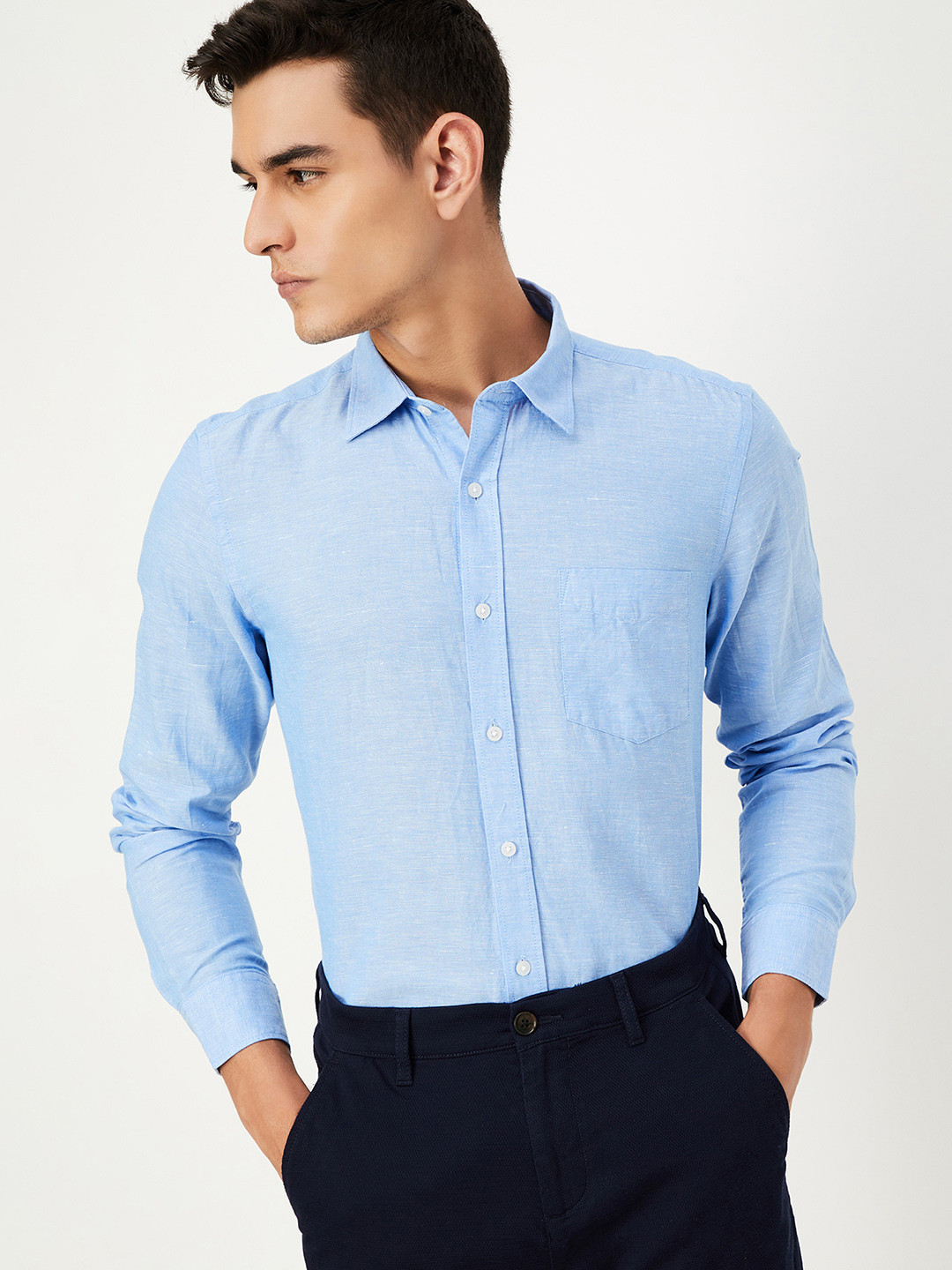 

max Men Spread Collar Solid Cotton Casual Shirt, Blue
