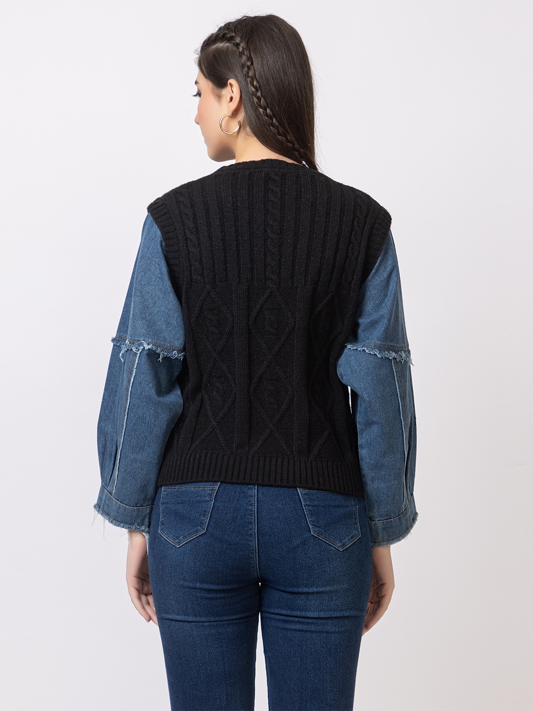 

GFO Women Fancy Denim sleeves Woollen Sweater, Black