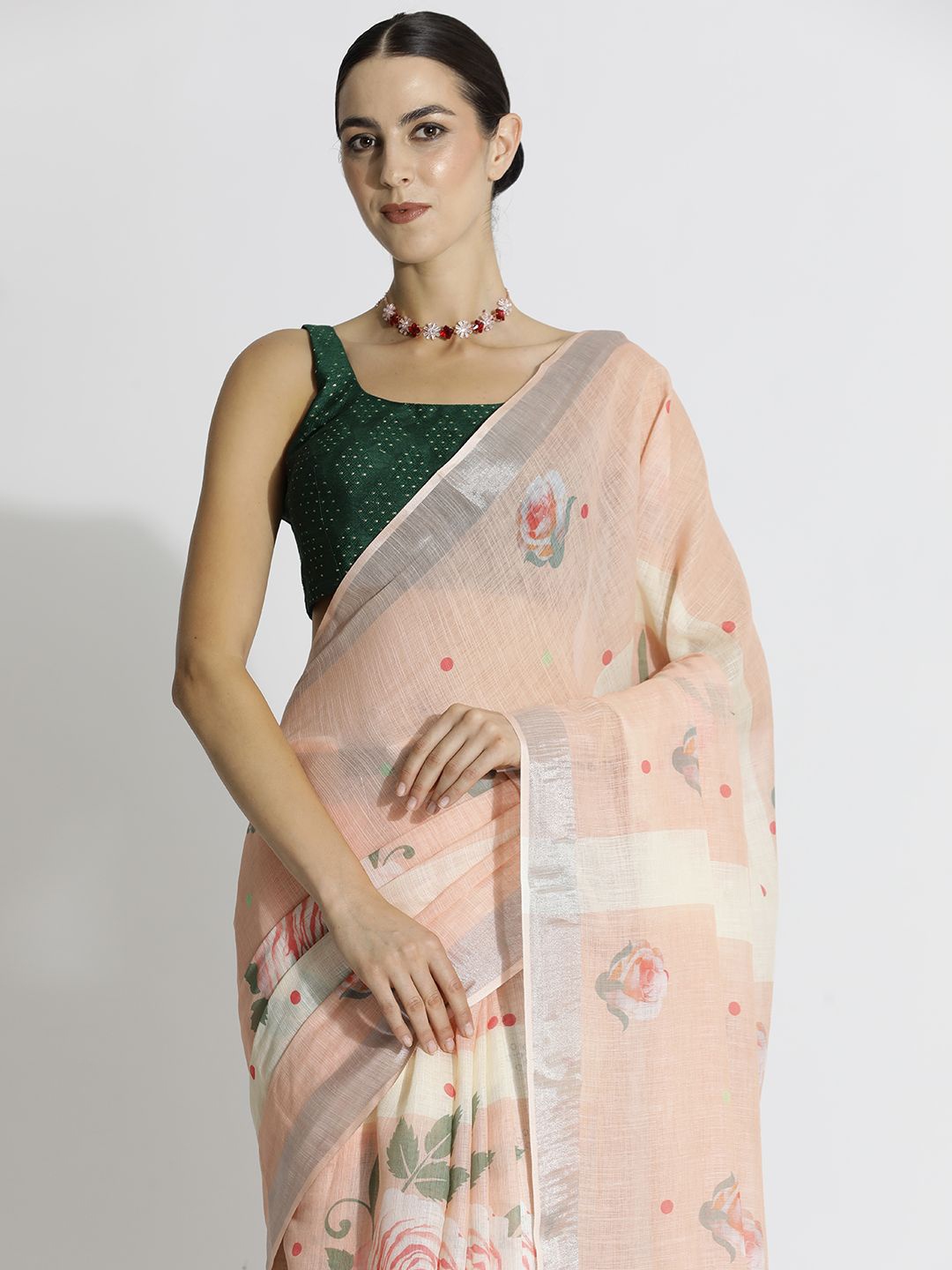 

Jaipur Kurti Floral Pure Linen Designer Saree, Peach