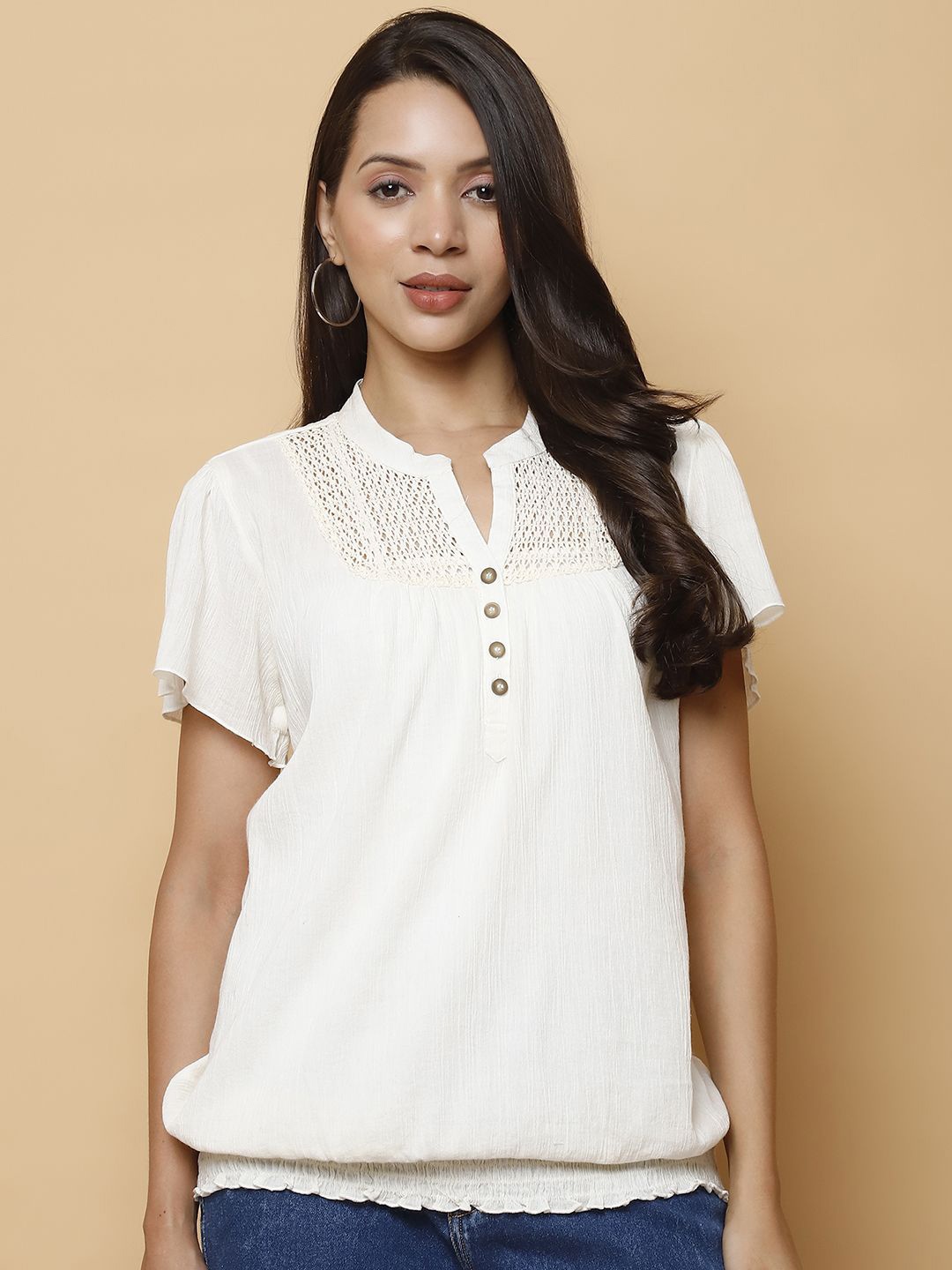 

250 DESIGNS Women Self Design Round Neck Cotton Top, White