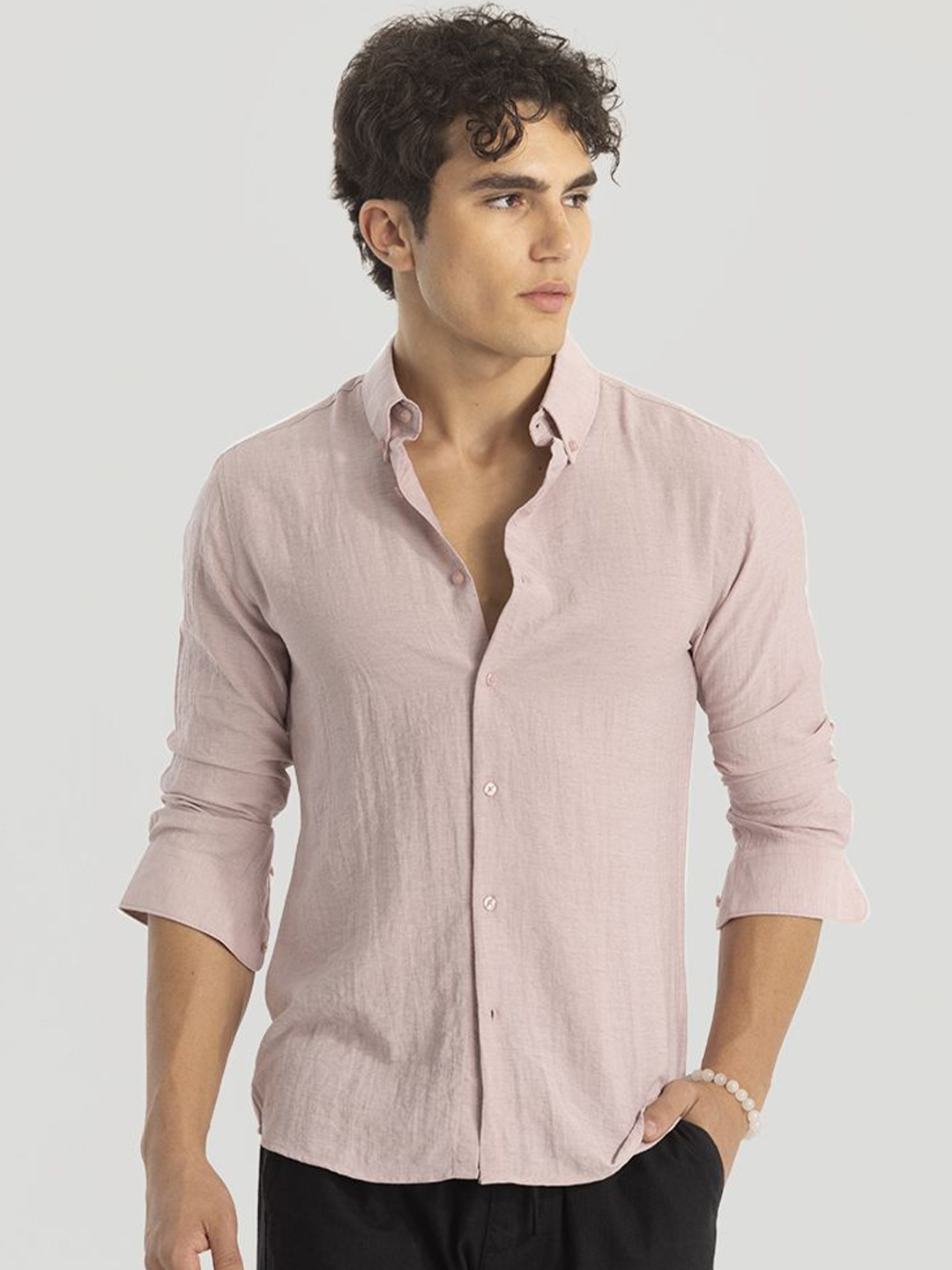 

Snitch Men Smart Button-Down Collar Solid Linen Slim Fit Casual Shirt, Pink