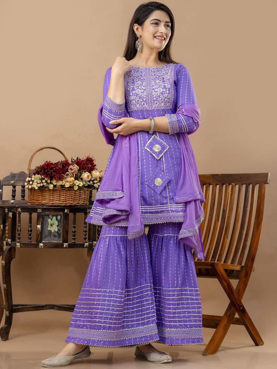 

Veshviti Women Floral Embroidered Empire Mirror Work Kurta with Sharara & With Dupatta, Purple