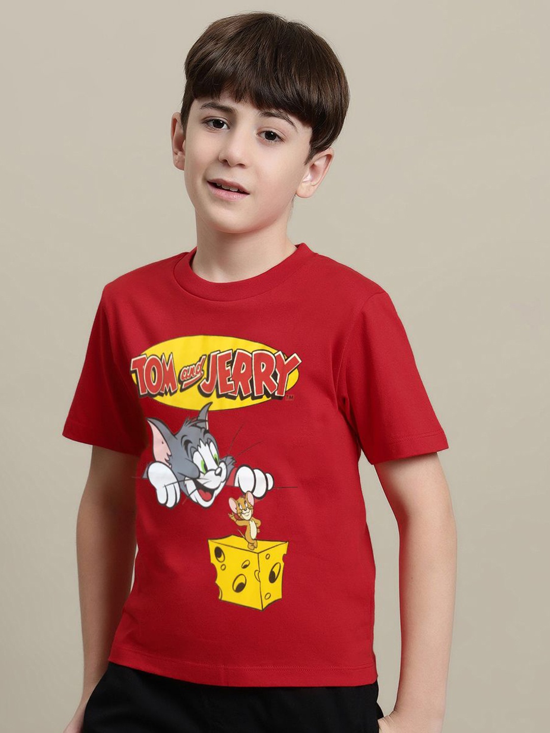 

Kids Ville Boys Tom & Jerry Graphic Printed Pure Cotton Tshirt, Red