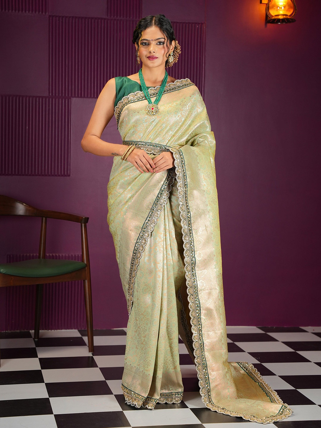 

MIMOSA Floral Zari Banarasi Saree, Green