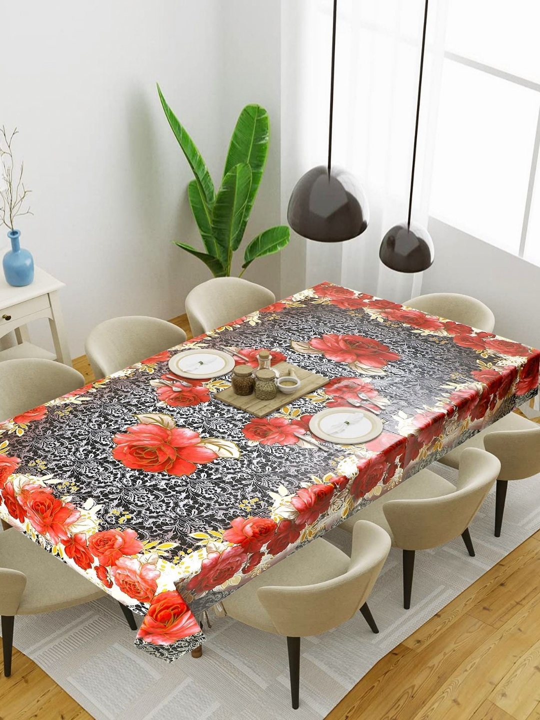 

LooMantha Black Floral Waterproof Plastic 6-Seater Table Cover