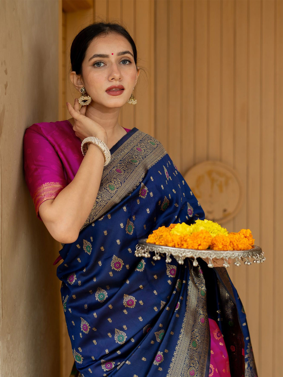 

Subham Woven Design Zari Half and Half Banarasi Saree, Navy blue