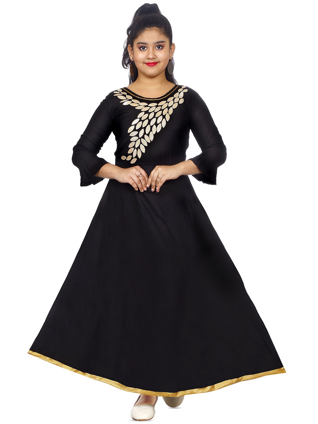 

KAARIGARI Girls Cotton Applique Maxi Dress, Black