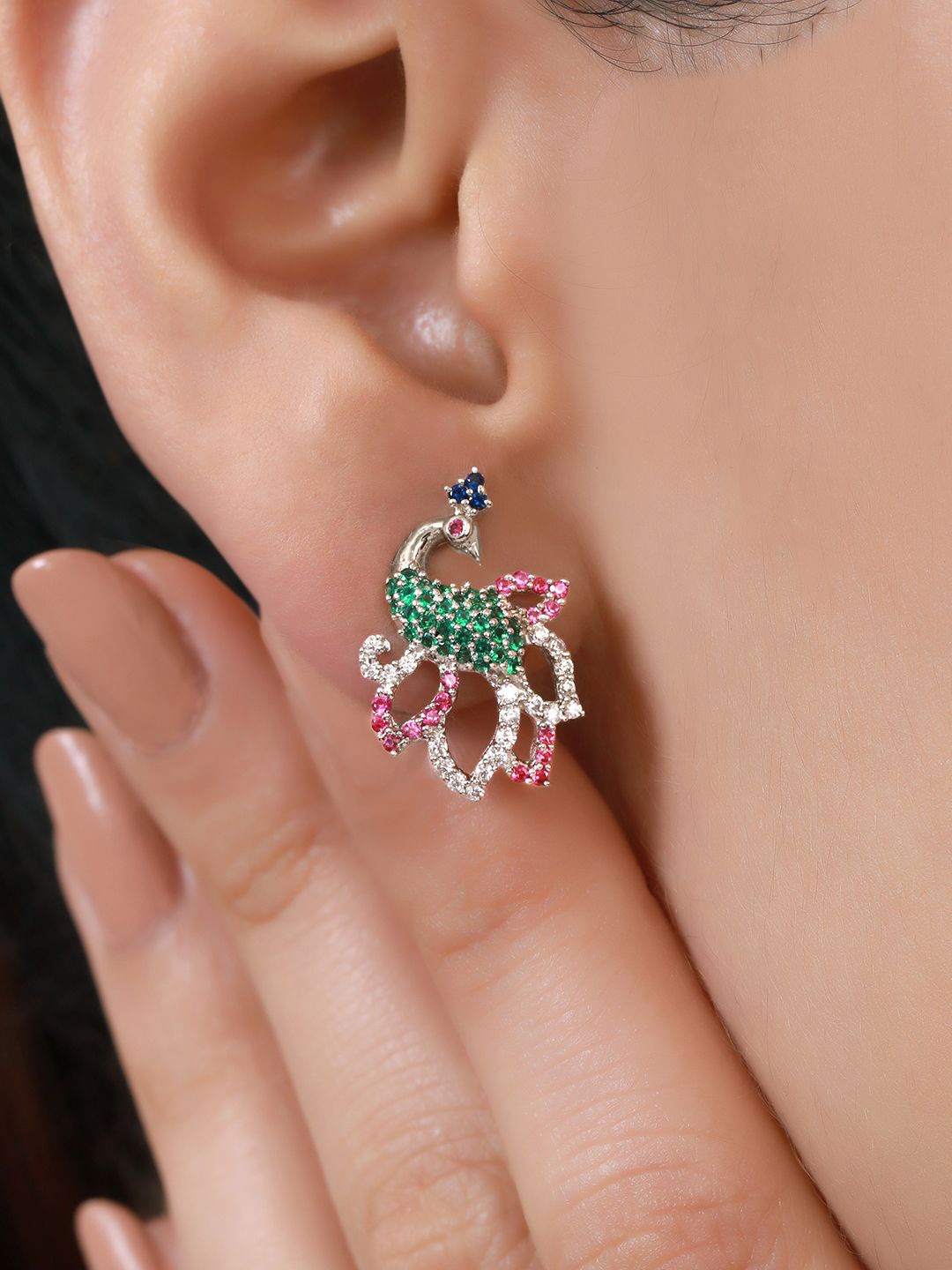 

Zavya 925 Sterling Silver Rhodium-Plated Cubic Zirconia Studded Peacock Shaped Studs