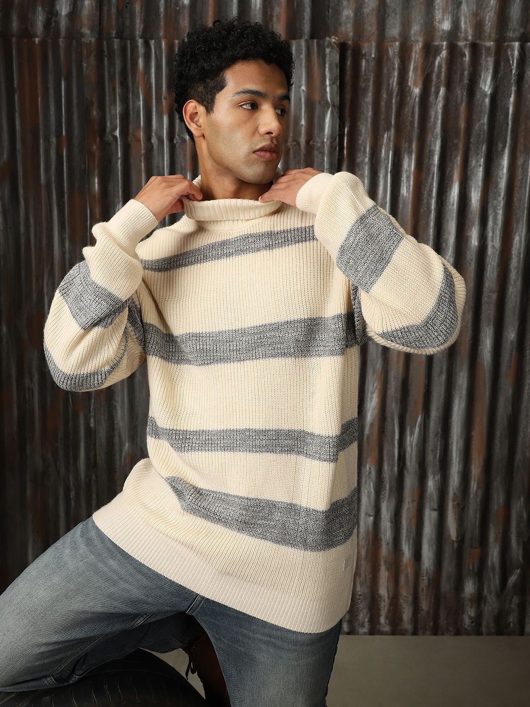 

High Star Men Striped Turtle Neck Long Sleeves Pullover, Cream