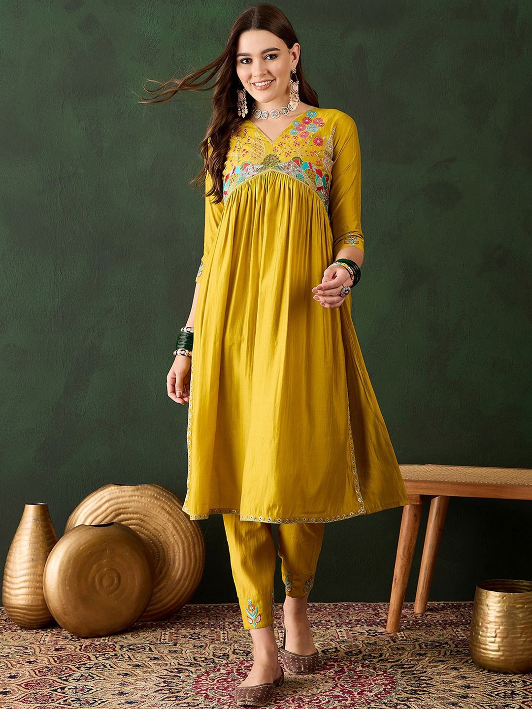 

Sangria Women Embroidered A-Line Kurta With Trousers, Yellow