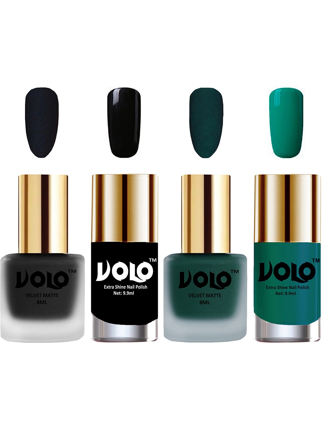 

VOLO Set Of 4 Velvet Matte & Extra Shine Nail Polish-8 ml & 9.9 ml Each Shade 05-12-3-26, Green