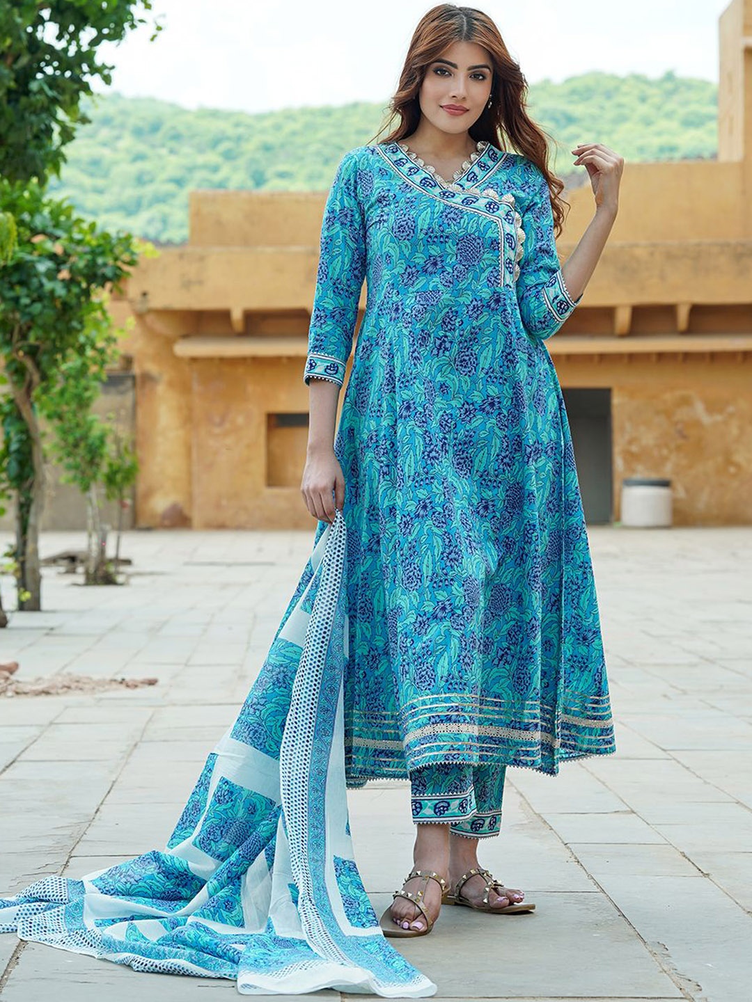

KALINI Floral Printed Angrakha Gotta Patti Pure Cotton Kurta With Trousers & Dupatta, Blue