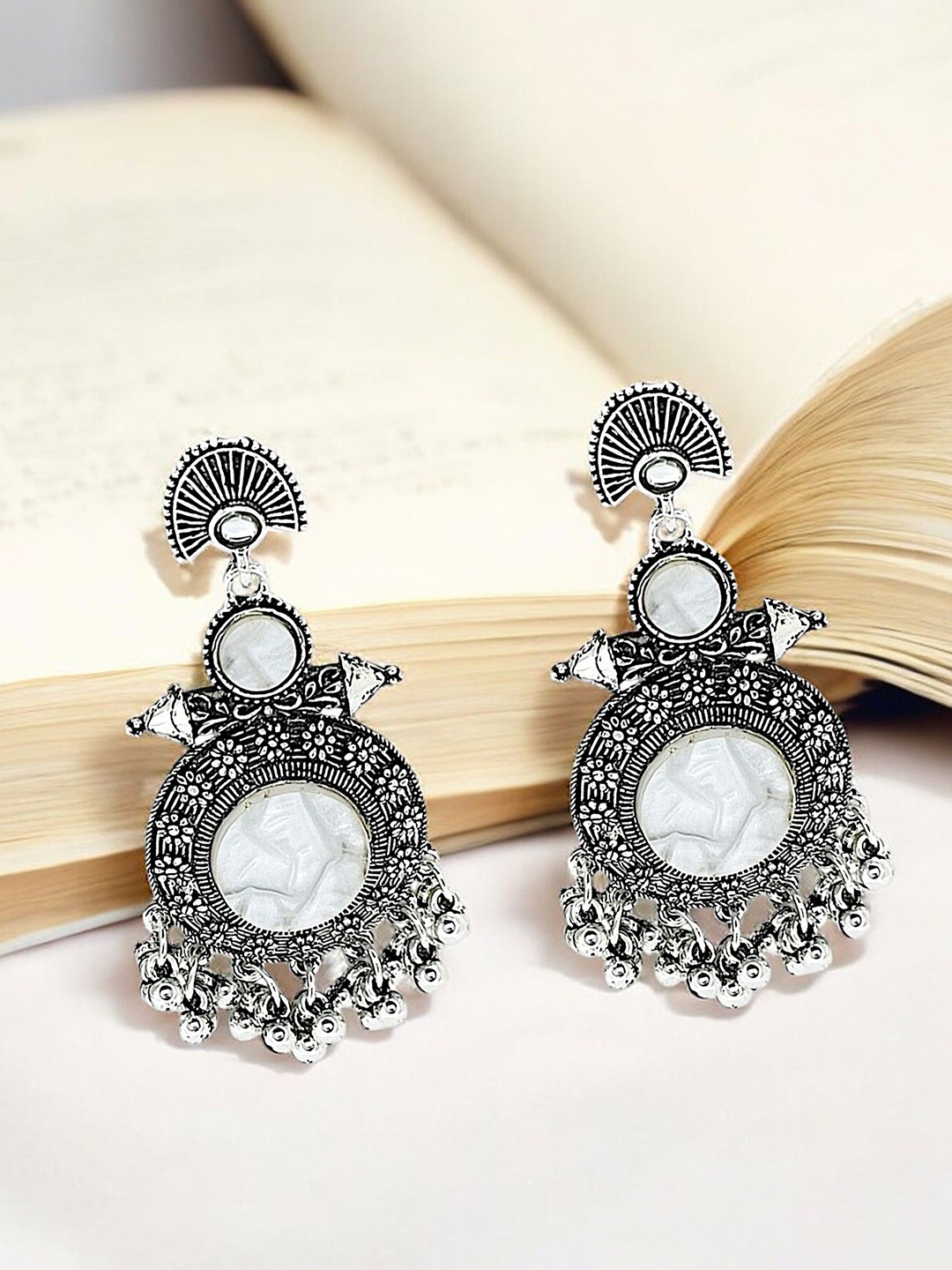 

9blings Silver Plated Artificial Stones Studded Circular Drop Earrings, White