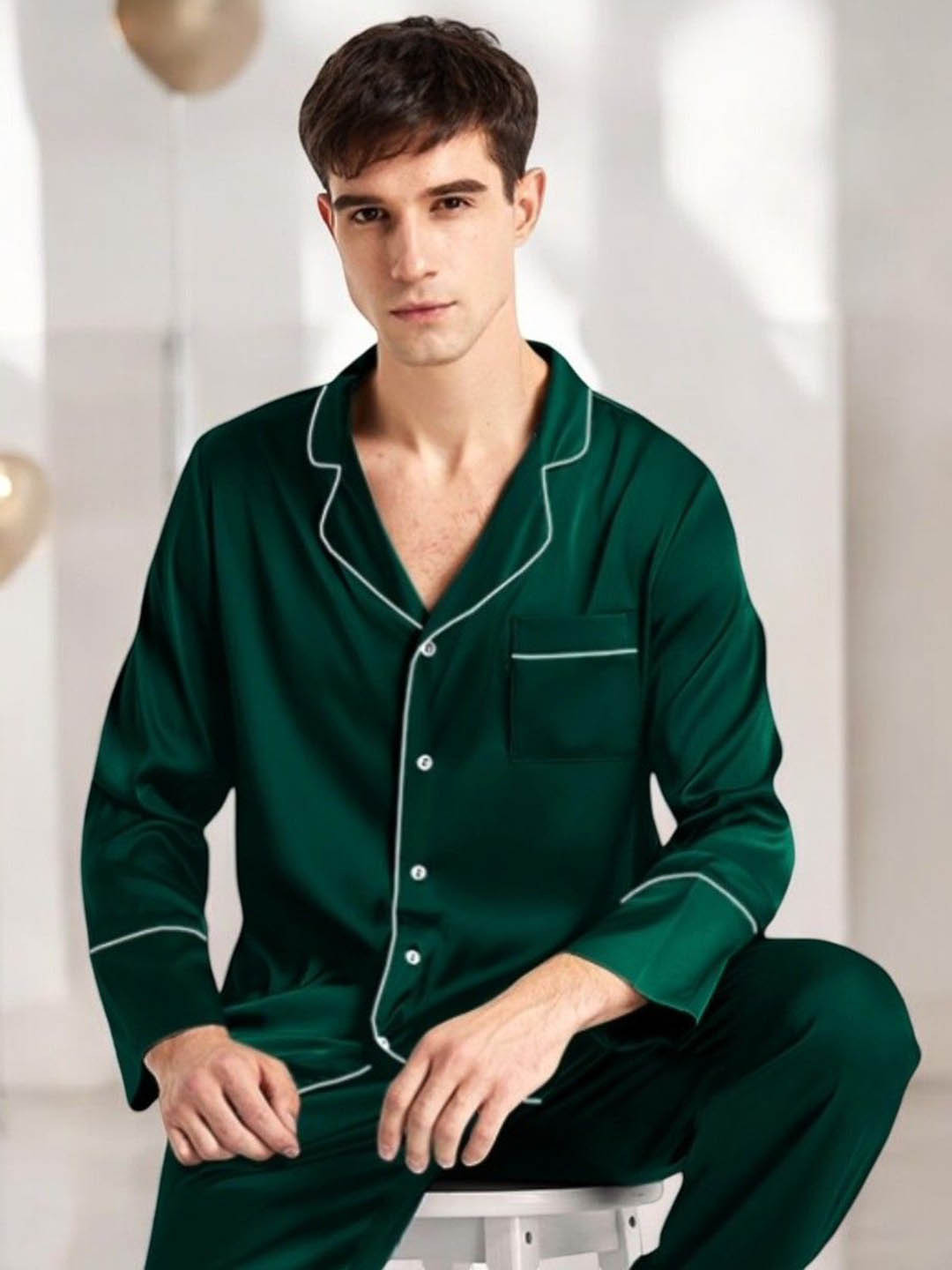 

Bella Babe by SK Satin Shirt With Pyjama, Green