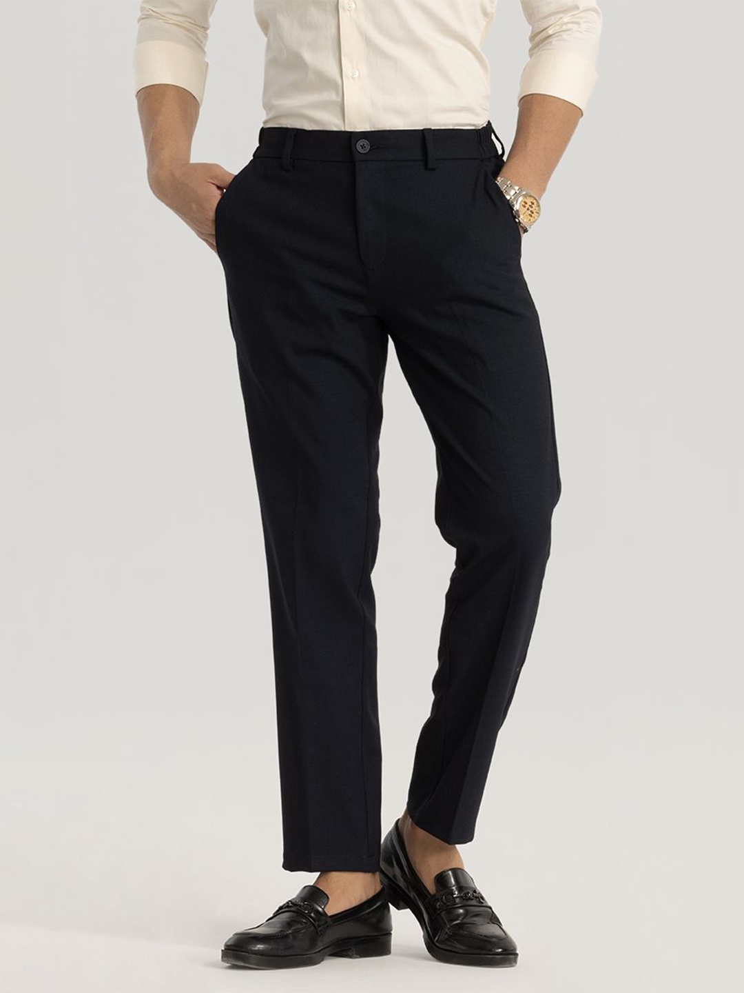 

Snitch Men Striped Smart Slim Fit Regular Trousers, Black