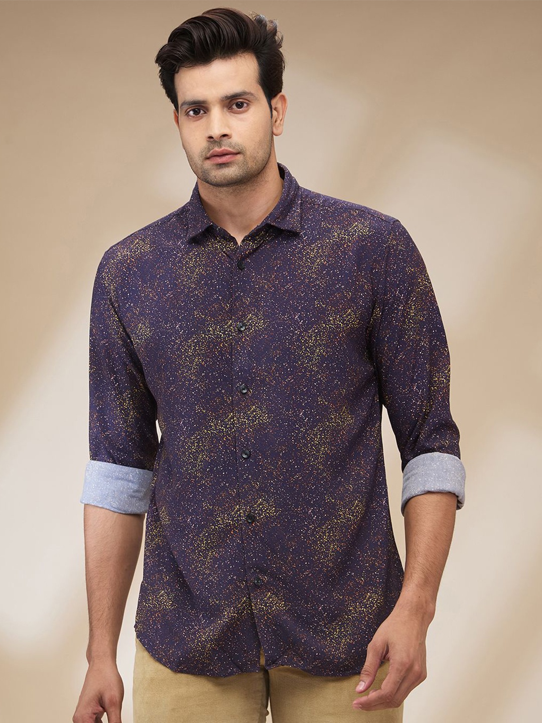 

Park Avenue Men Spread Collar Abstract Printed Slim Fit Casual Shirt, Navy blue