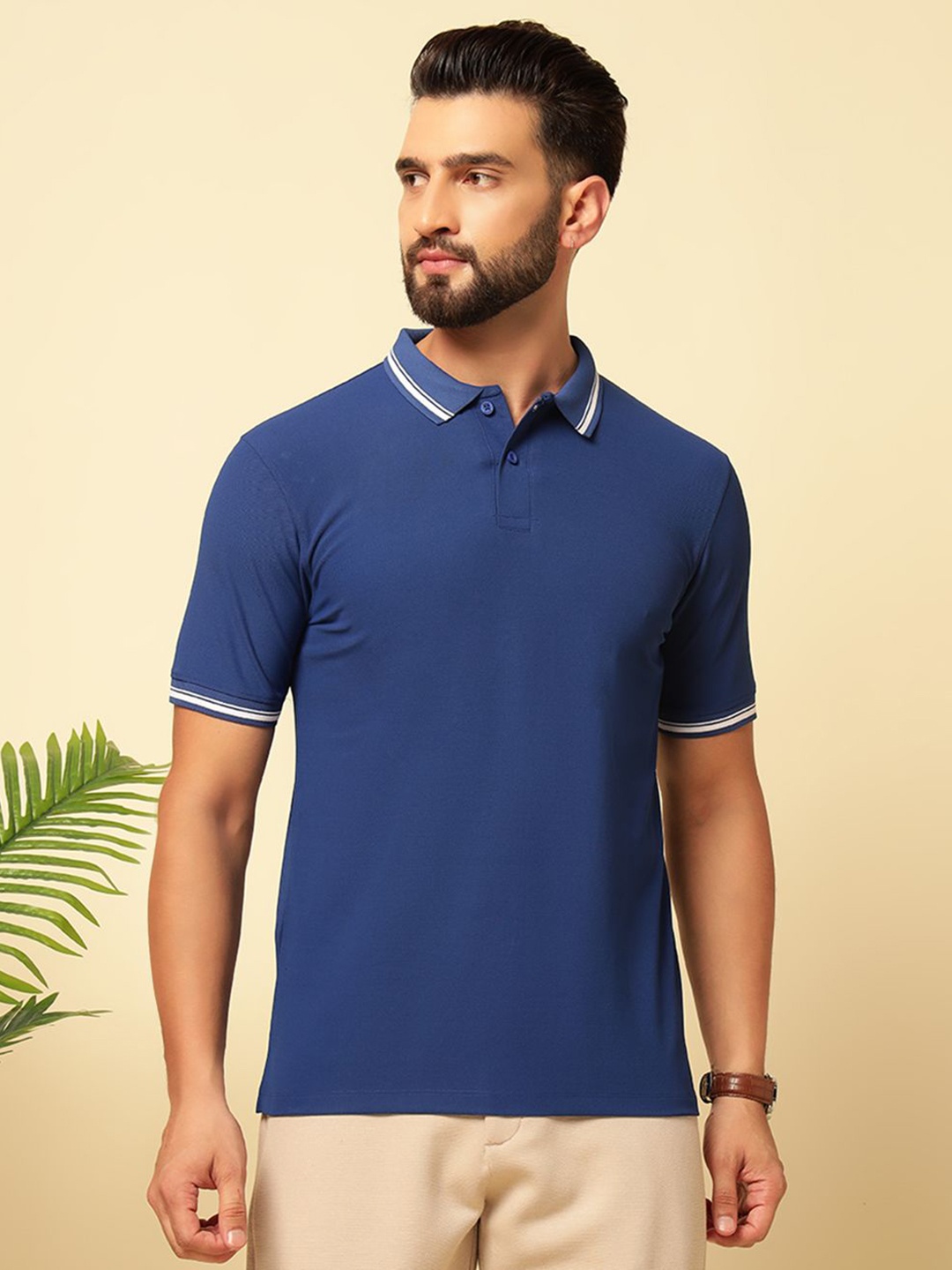 

MUWIN Men Solid Polo Collar Cotton T-shirt, Blue