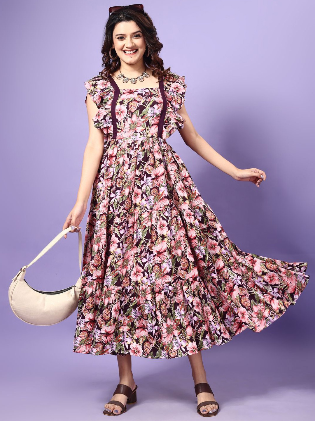 

KALINI Women Floral Printed Square Neck Fit and Flared Maxi Dress, Purple