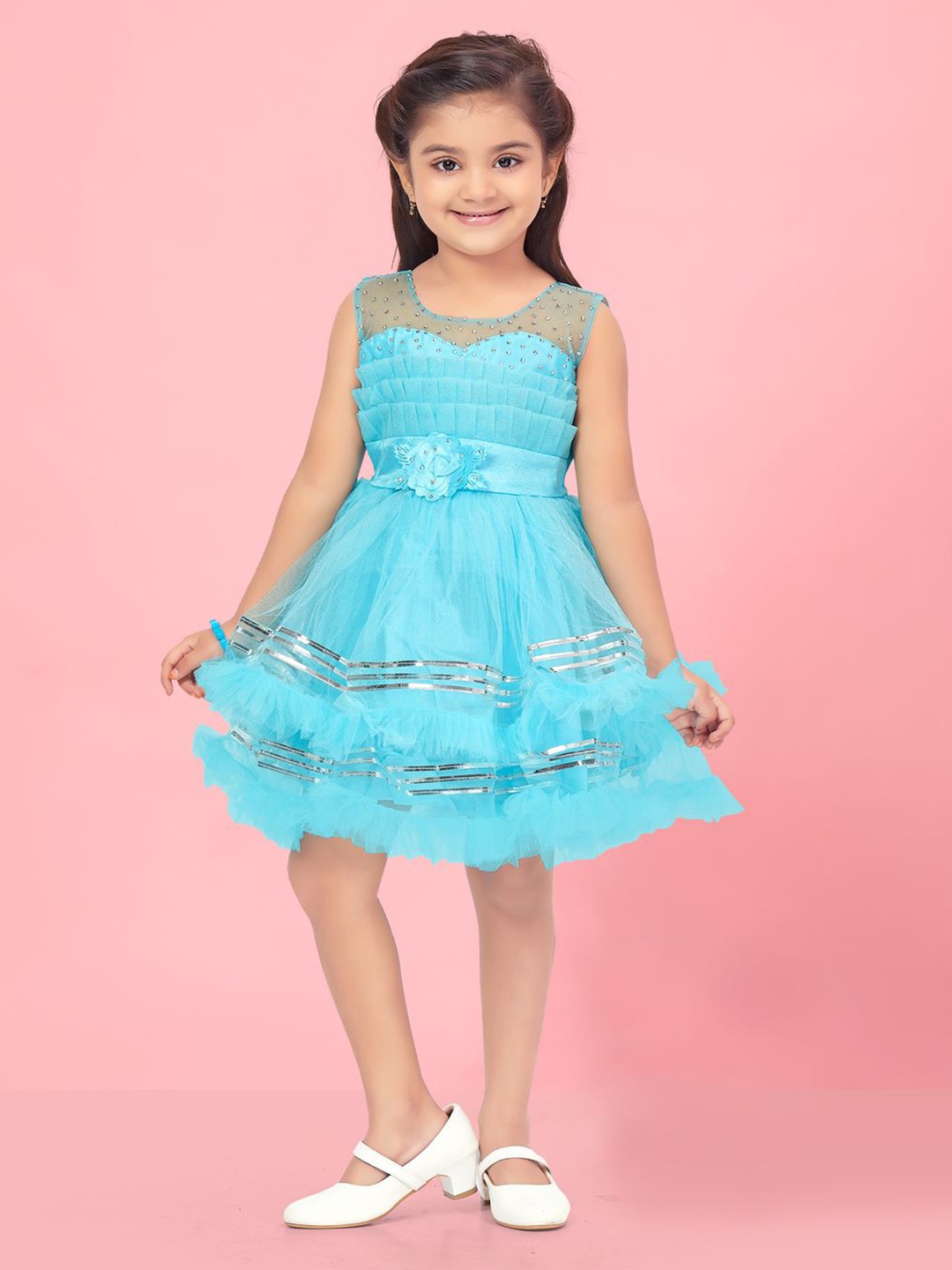 

BAESD Self Design Net Fit & Flare Sleeveless Dress, Turquoise blue