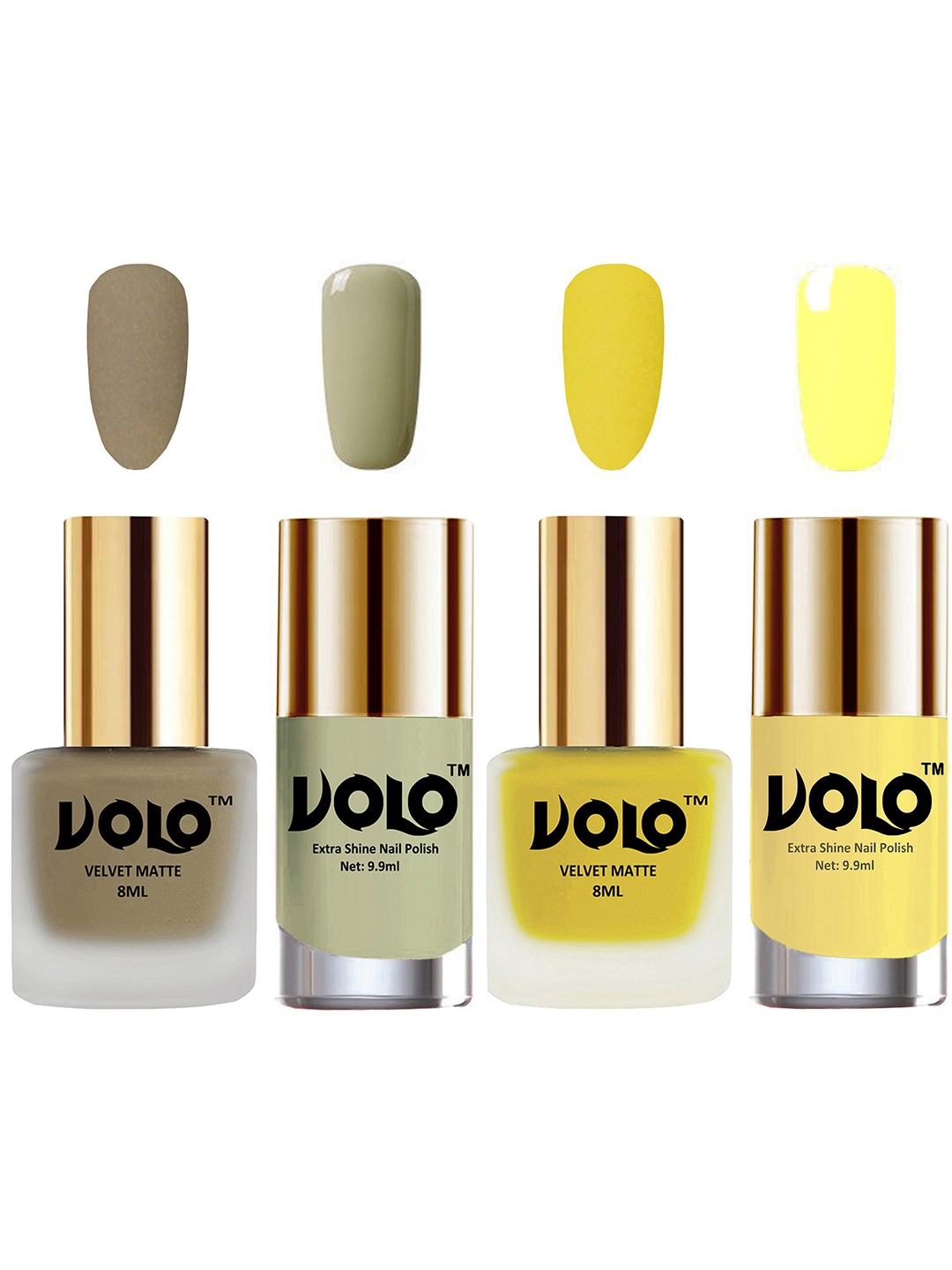 

VOLO Set Of 4 Velvet Matte Nail Polish - 8 ml & 9.9ml Each -Sand Nude-Mint-Yellow-Yellow