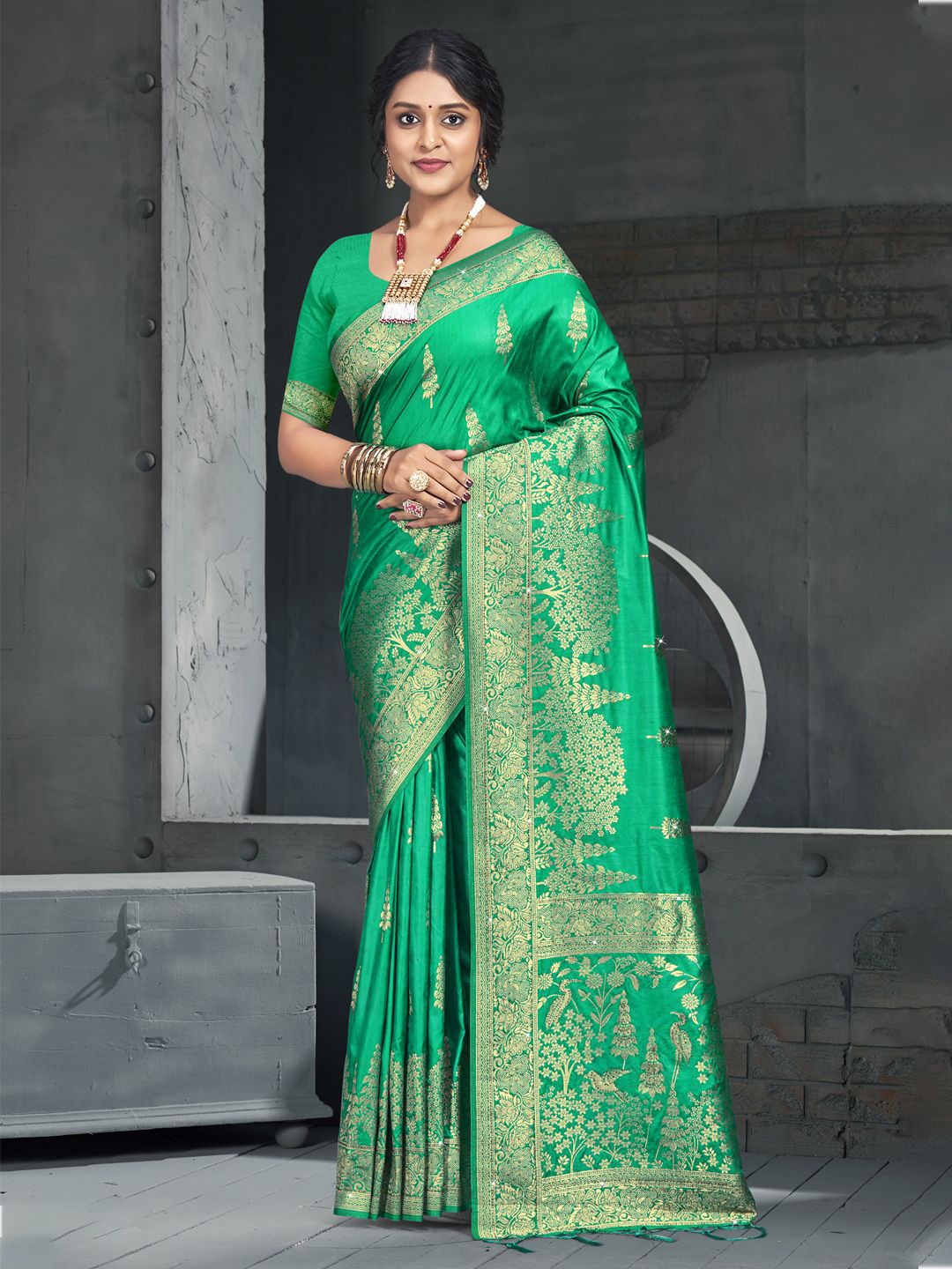 

SANGAM PRINTS Woven Design Zari Tussar Saree, Teal