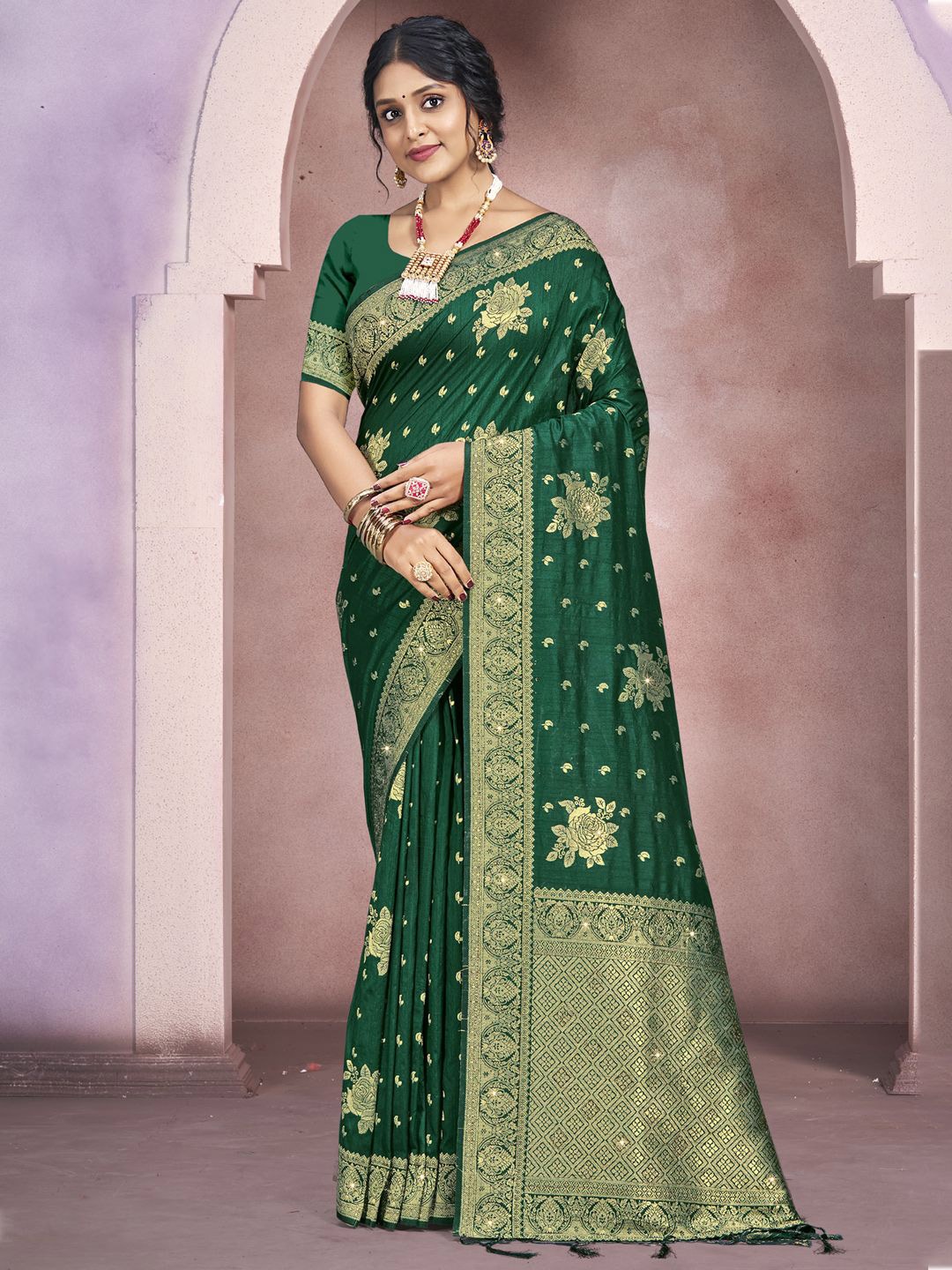 

SANGAM PRINTS Woven Design Zari Silk Blend Tussar Saree, Green