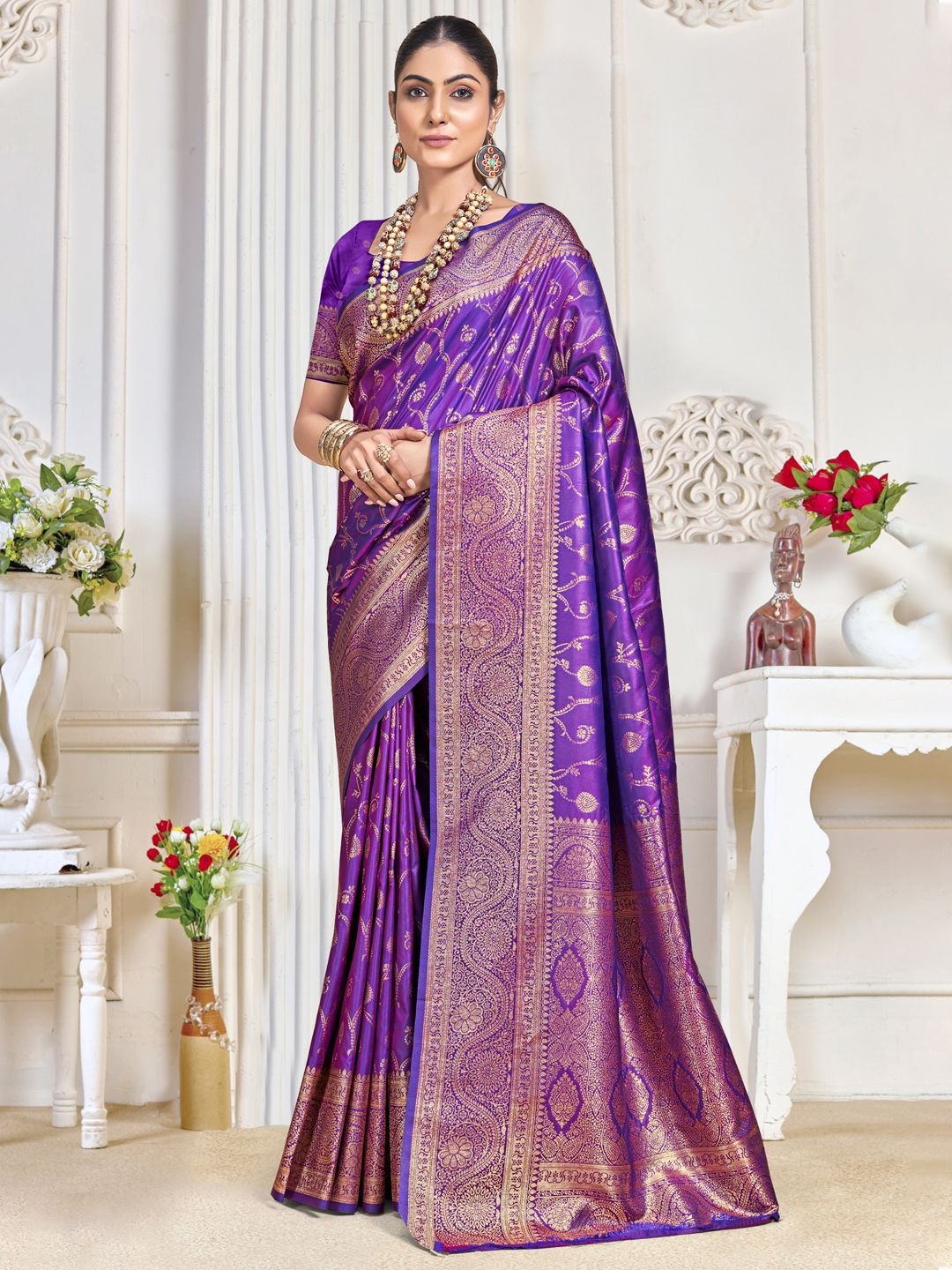 

SANGAM PRINTS Woven Design Zari Silk Blend Tussar Saree, Lavender