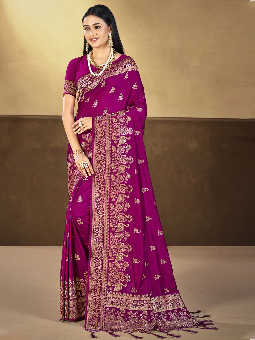 

SANGAM PRINTS Woven Design Zari Silk Blend Tussar Saree, Purple