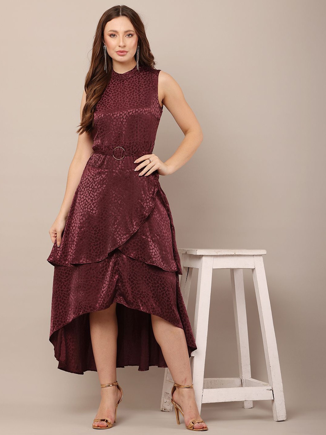 

NoBarr Self Design Printed Fit & Flare Dress, Maroon