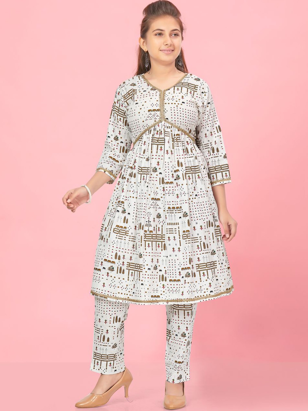 

BAESD Girls Pure Cotton Ethnic Motifs Printed Kurta & Trousers, Cream