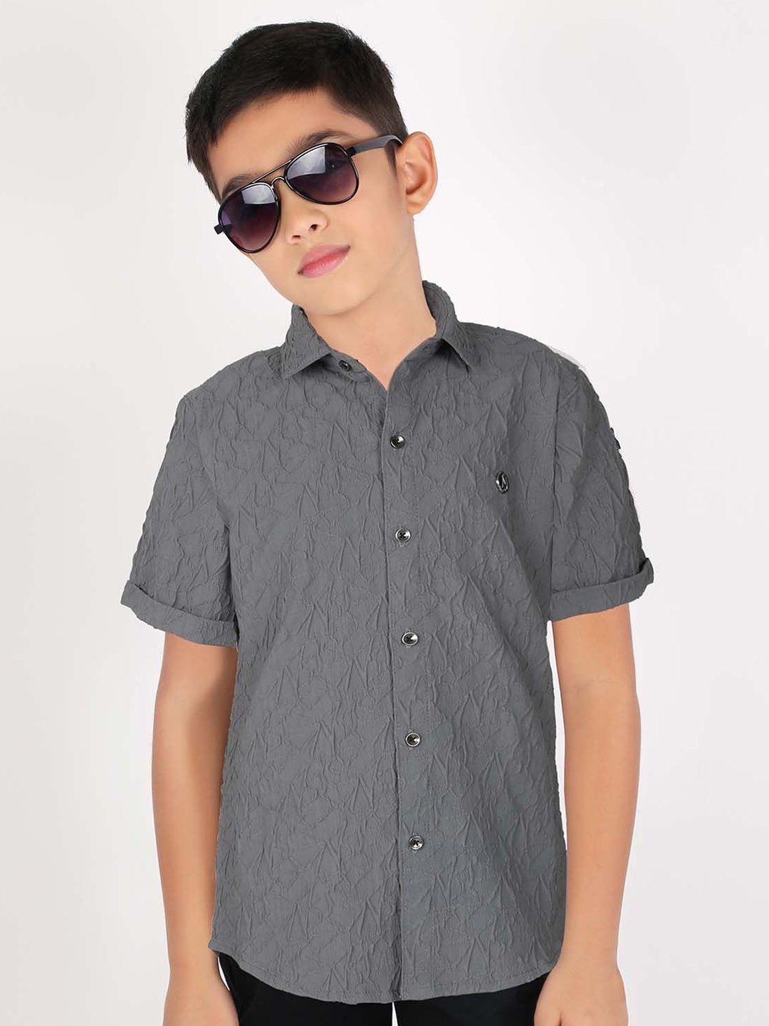 

MashUp Boys Classic Spread Collar Textured Cotton Casual Shirt, Grey